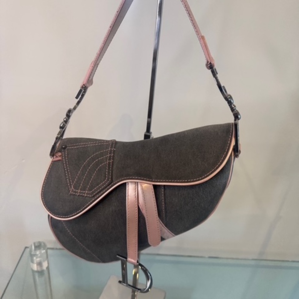 Christian Dior Saddle Bag Gray Denim with Blush Pink Leather Trim